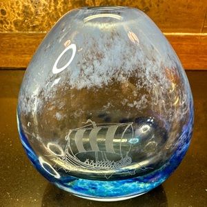 Caithness Blown Blue Glass Viking Longship Etched Vase
